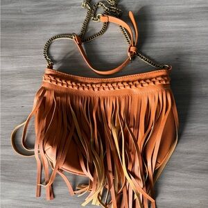 Fringed Tan Faux Leather Shoulder Bag